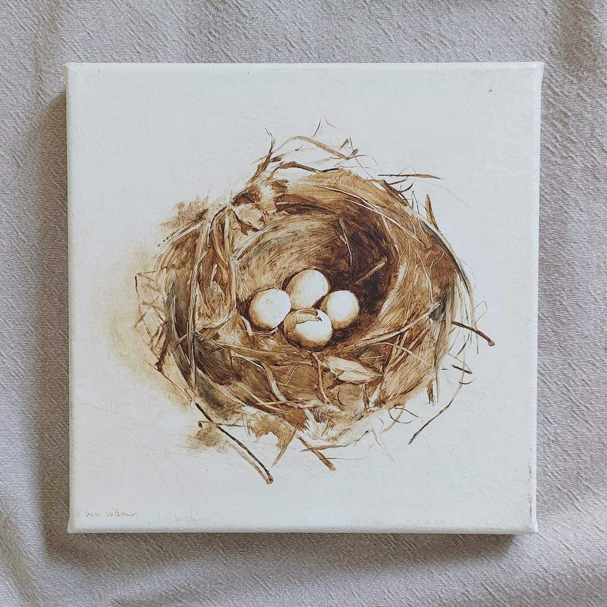 Original oil painting of a bird's nest with four eggs.