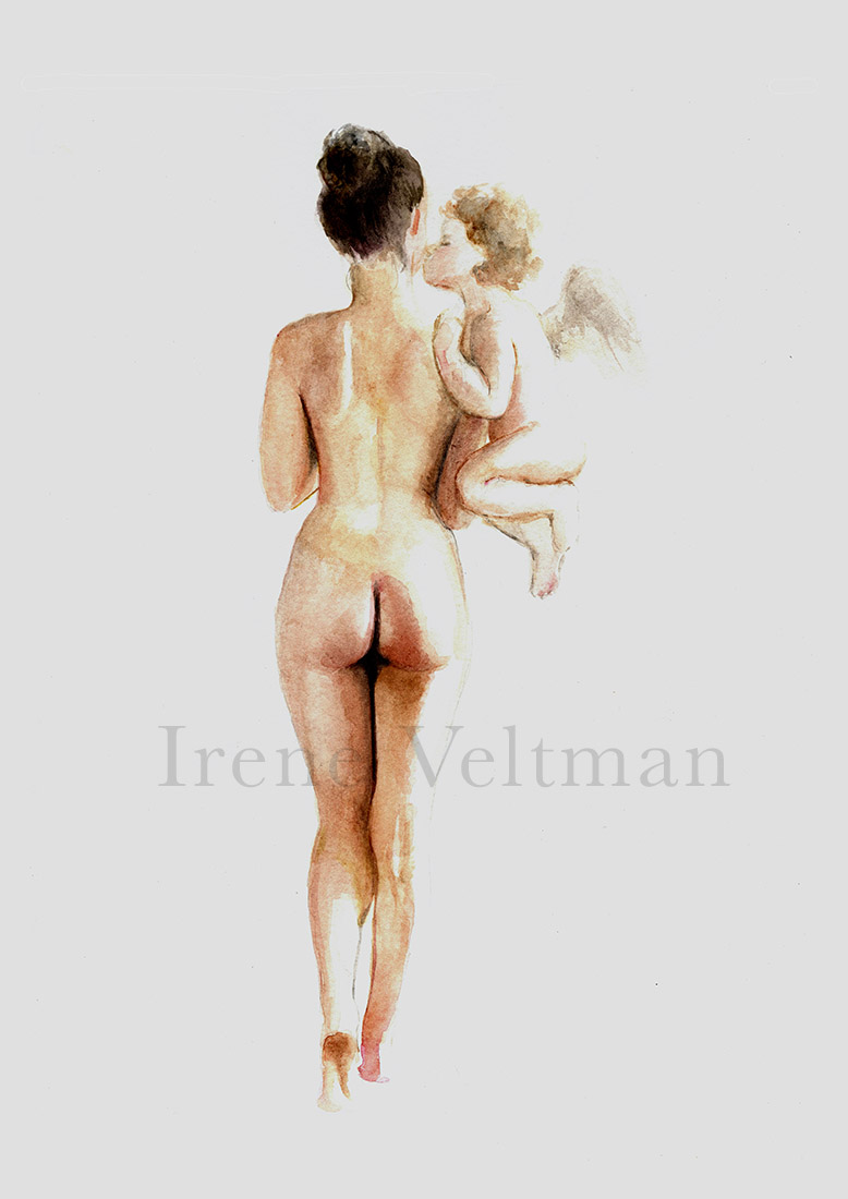 Fine art print of a woman being kissed by a cherub