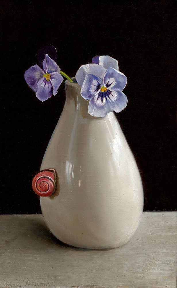painting of violets in a vase with a snail